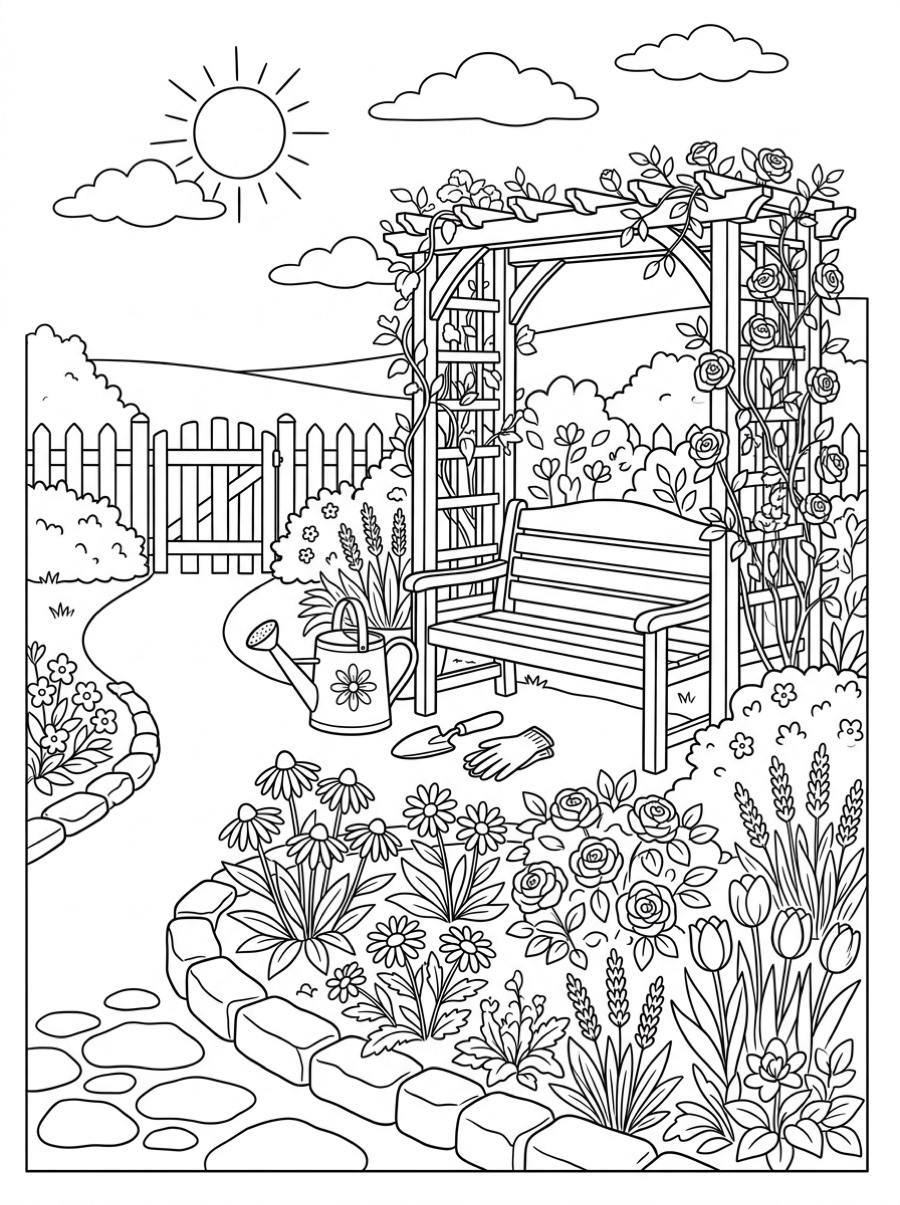 Garden coloring page at the Balanced detail level