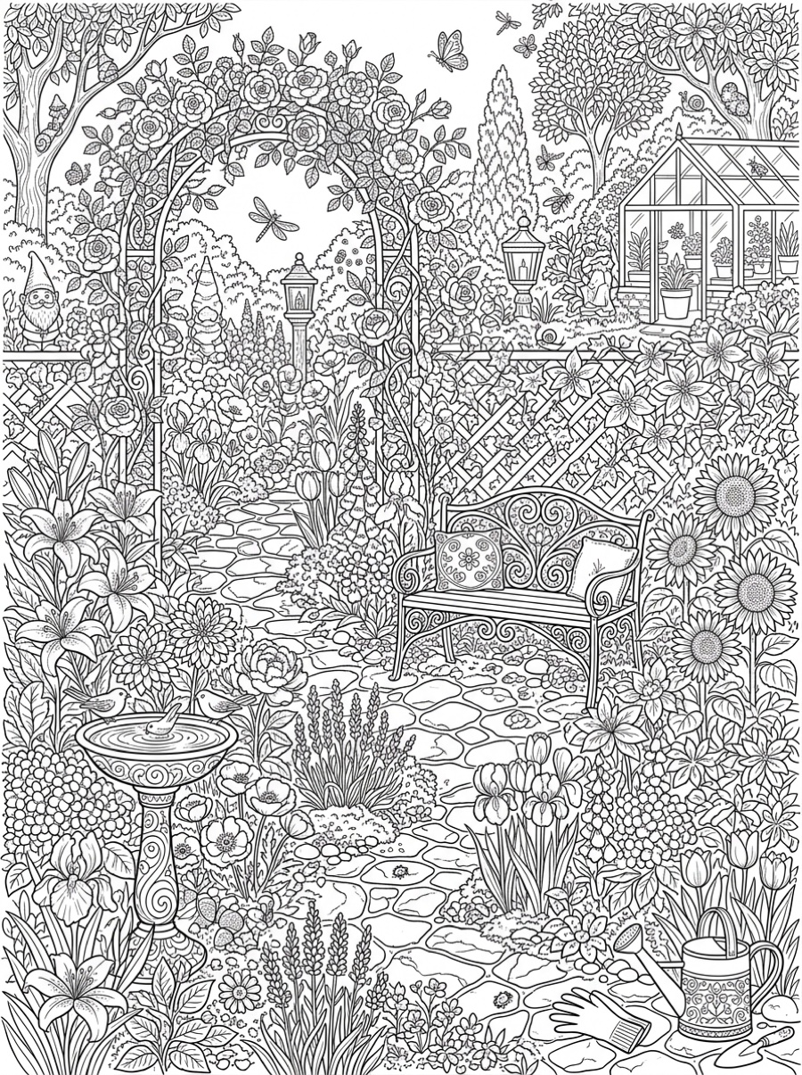 Garden coloring page at the Ludicrous detail level