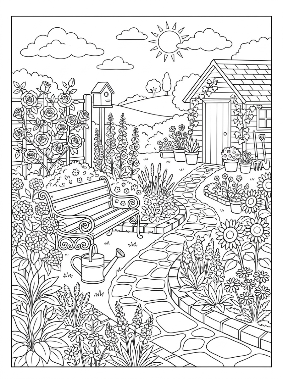 Garden coloring page at the Intricate detail level